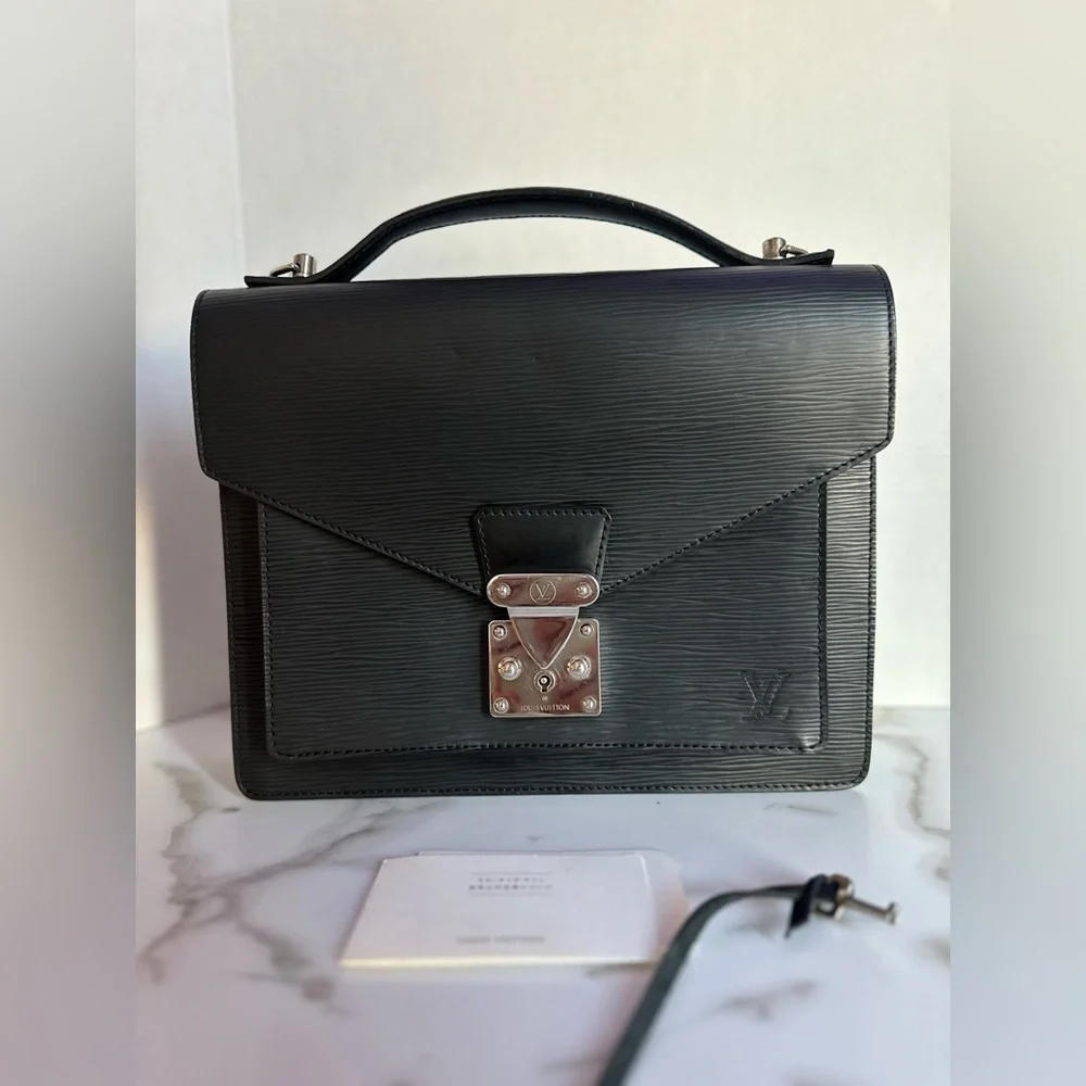 Authentic LOUIS VUITTON black Epi Monceau 28 Hand Bag 2way